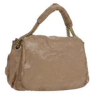 CHANEL Chain Shoulder Bag Vinyl Coated Leather Beige Gold CC